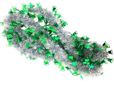 Мишура серебристая с зелеными  колокольчиками 2,5 м.d-6 см.1 шт. ― cena-optom.ru - Всё по одной цене