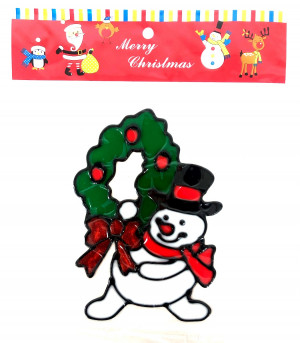 Наклейка гелевая на стекло Снеговик с новогодним венком 15*10 см.1 шт.