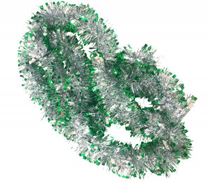 Мишура серебристая с зелеными  кончиками 2,6 м.d-8 см 1 шт.