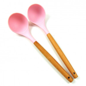 Половник силиконовый с деревянной ручкой Розовый 30 см.