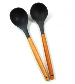 Половник силиконовый с деревянной ручкой Серый 30 см.1 шт.