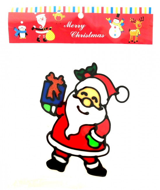 Наклейка гелевая на стекло Дед мороз с подарком 15*12 см.1 шт.