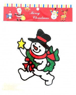 Наклейка гелевая на стекло Снеговик с елкой 16*11 см.1 шт.