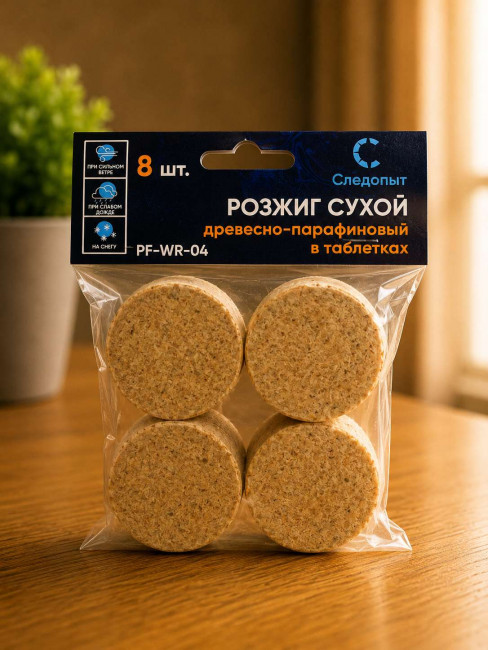 Розжиг сухой древесно-парафиновый СЛЕДОПЫТ в таблетках (уп. 8 шт)/30/