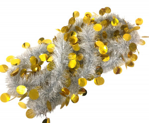 Мишура белая с желтым декором 2,5 м. d-10 см,1 шт.