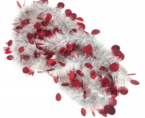 Мишура белая с красным  декором 2,5 м. d-10 см,1 шт.