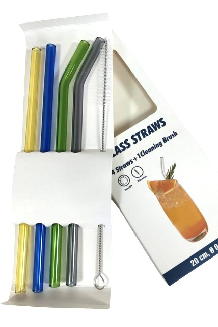 Трубочки стеклянные 4 шт.с ершиком в подарочной коробке 20 см.