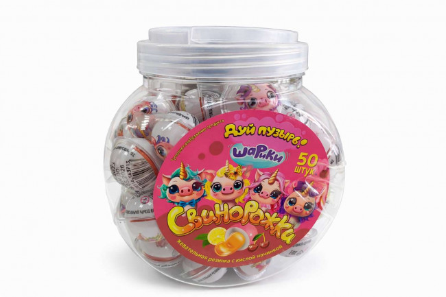 Жев. резинка с кислой начинкой «Дуй пузырь! ШАРИКИ СВИНОРОЖКИ», 1кор*12бл*50шт, 10 г.