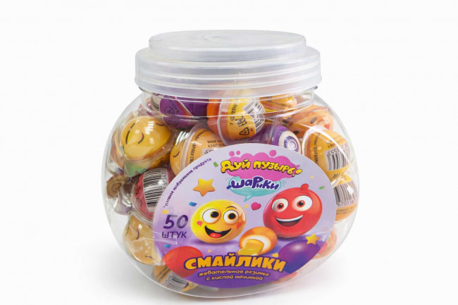 Жев. резинка с кислой начинкой «Дуй пузырь! ШАРИКИ СМАЙЛИКИ», 1кор*12бл*50шт, 10 г.