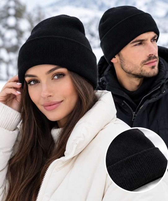 Шапка унисекс двойная вязка черного цвета 1 шт.