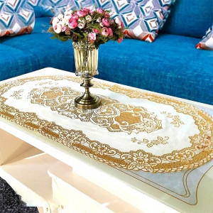 Скатерть дорожка для журнального стола прорезиненная золотистая овальная  40*80 см.1 шт./300 шт.кор.